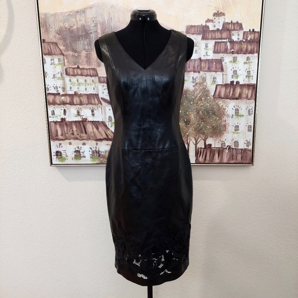 RICKIE FREEMAN for TERI JON 4  Vegan LEATHER Embroidered MIDI DRESS - CORSET TOP